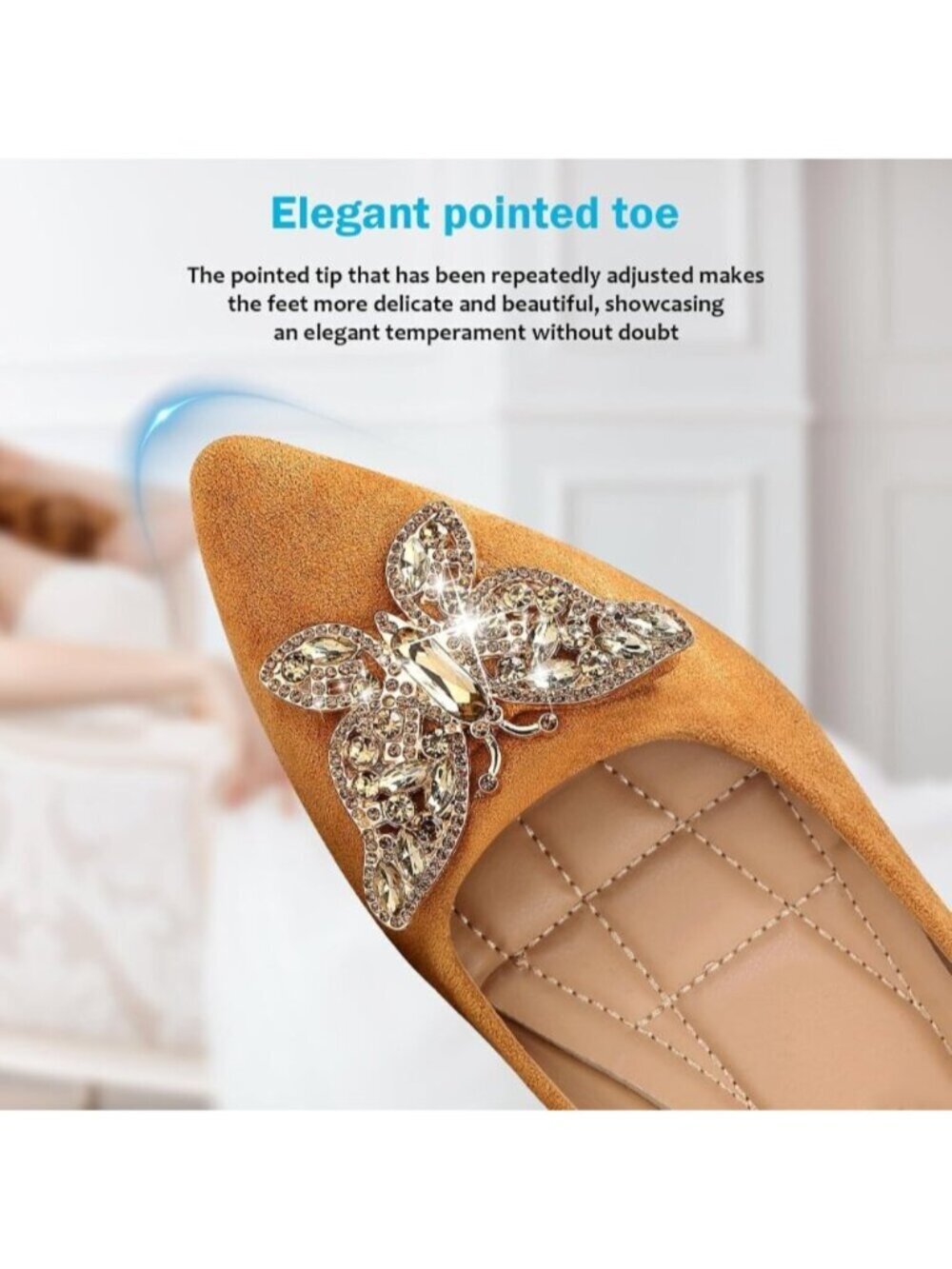 Women Light Brown Pointed Toe Pearl Flats Faux Suede Comfort Dress Flats Casual - Picture 3 of 6